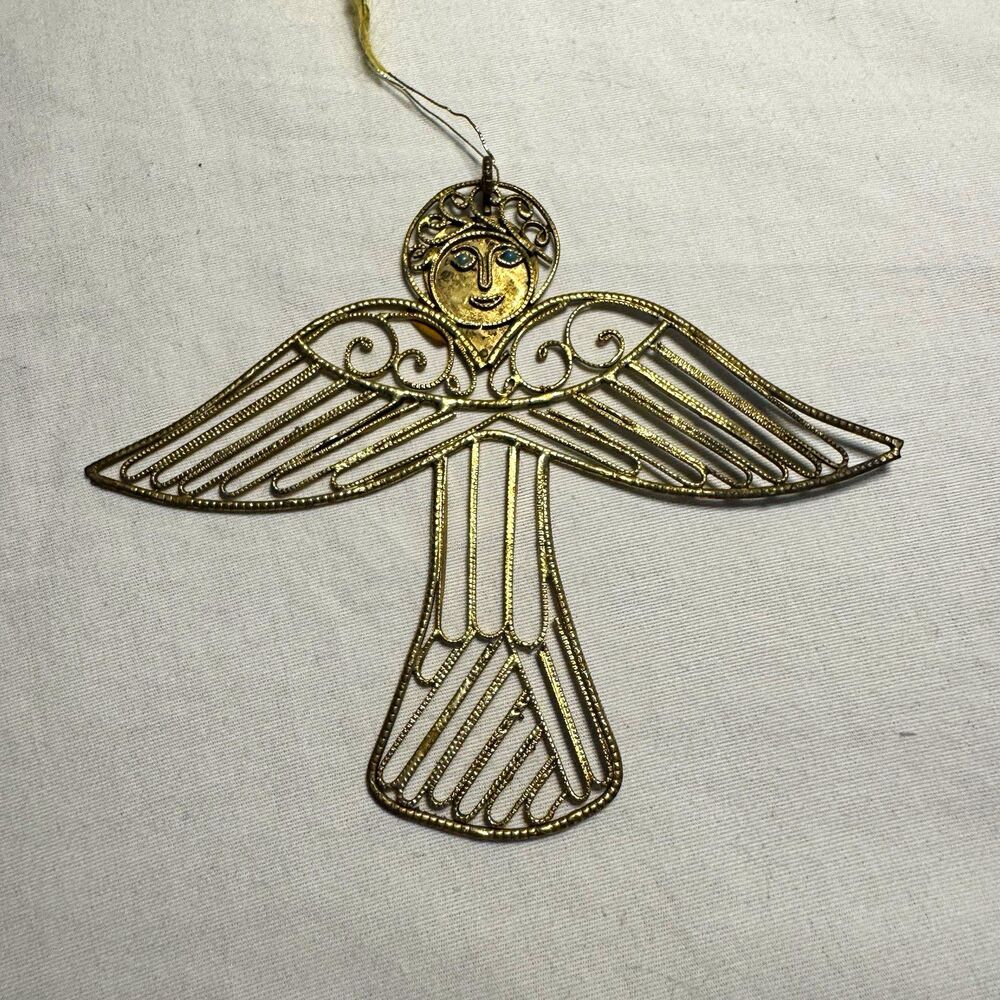 Gold Metal Hanging Angel Christmas Ornament, Made in Nepal, 1pc, 11 in x 4 in